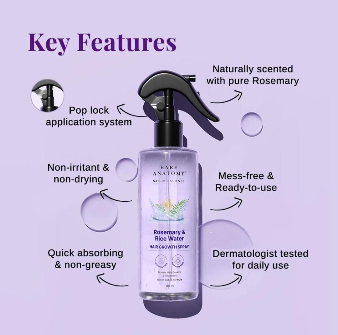 Bare Anatomy Rosemary & Rice Water Hair Growth Spray | Boosts Thickness | Controls Hair Fall | 200ml - Image 3