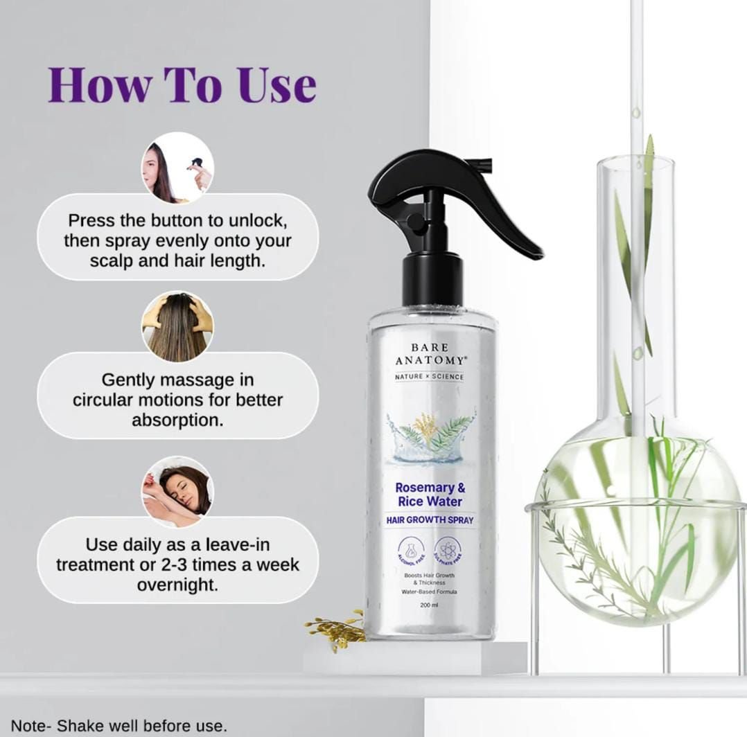 Bare Anatomy Rosemary & Rice Water Hair Growth Spray | Boosts Thickness | Controls Hair Fall | 200ml - Image 5
